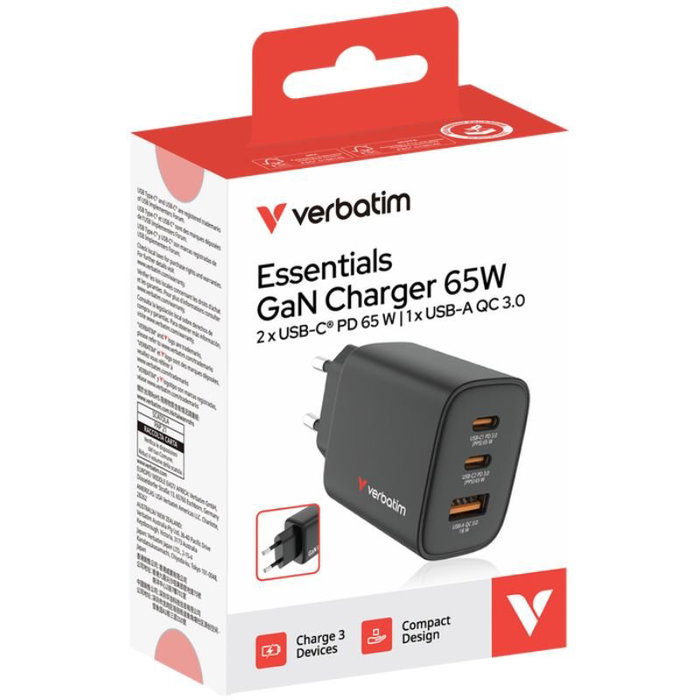 Verbatim Cargador de Pared Essentials GaN 65W 2xUSB-C 1xUSB-A Negro Verbatim Cargador de Pared Essentials GaN 65W 2xUSB-C 1xUSB-A Negro